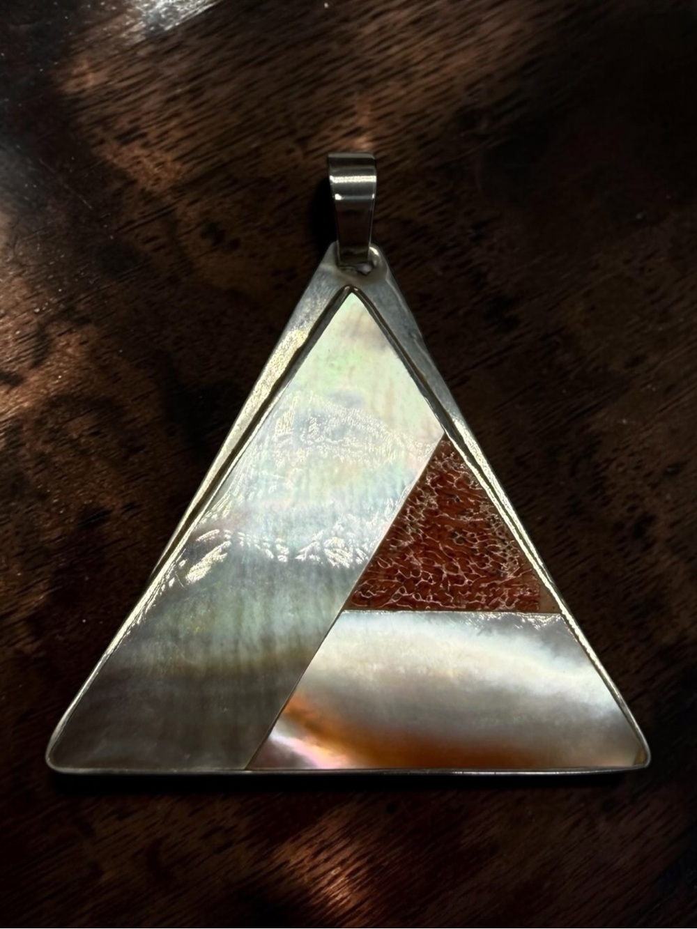 Modernist Geometric Mother Of Pearl Abalone Inlay Triangular Pendant Artisan
